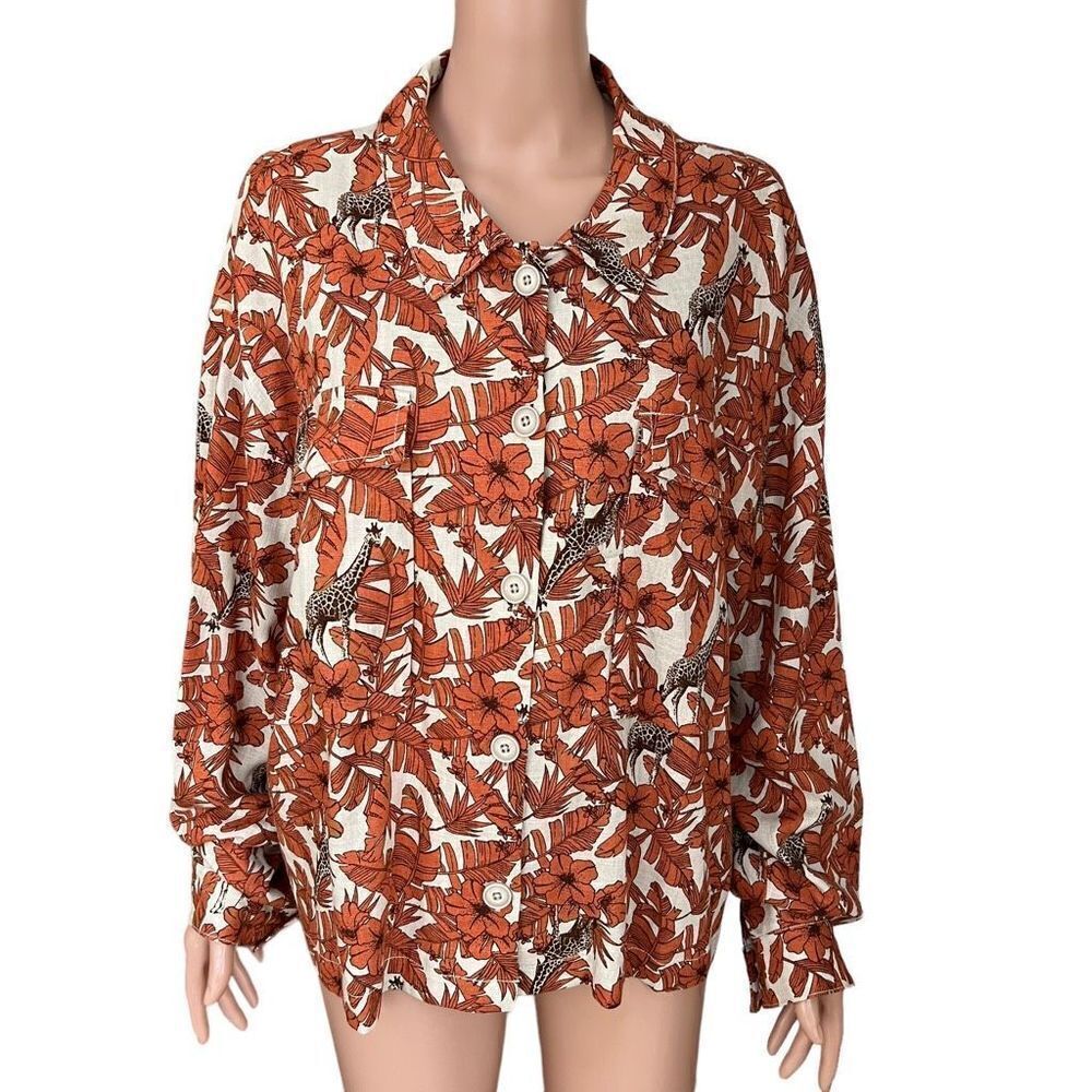 Du Jour Women's Plus Sz 3XL Linen Blend Safari Shirt jacket giraffe print